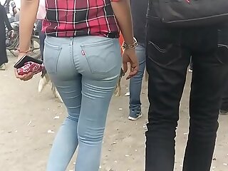 Sexy Indian round pest girl walking in all directions public
